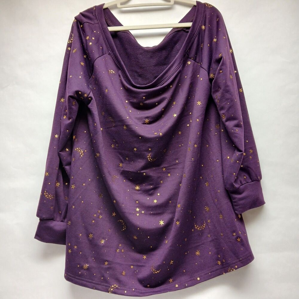 Bloomchic Womens Off the Shoulder Purple Gold Celestial Stars Size 12 Blouse Top